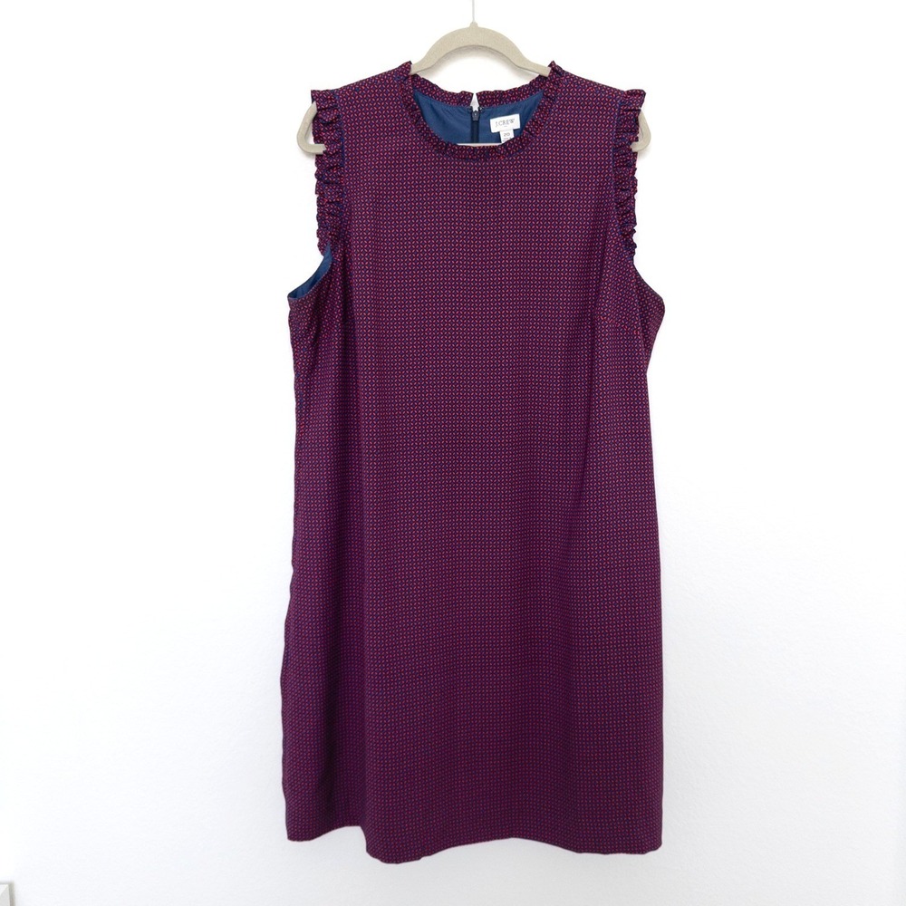 J.Crew Women Dress 20 Blue Red Geometric Ruffle Sleeveless Shift J5626 - Picture 2 of 9
